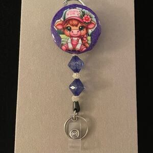 Handmade Beaded Badge Reel Cute Country Girl Cow